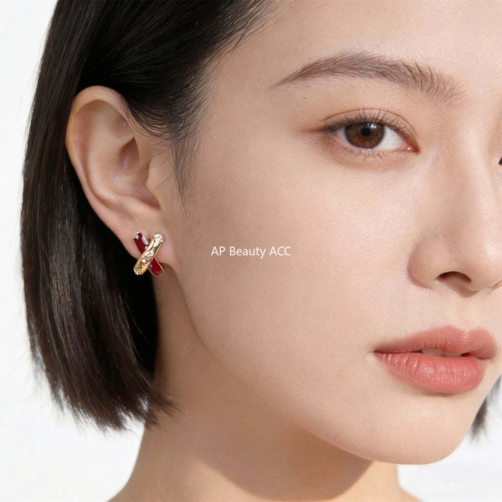 A廠-時尚高級感微鑲鋯石s925銀針琺瑯滴釉酒紅色新款個性叉叉耳釘X型耳飾「7229」25.12-2