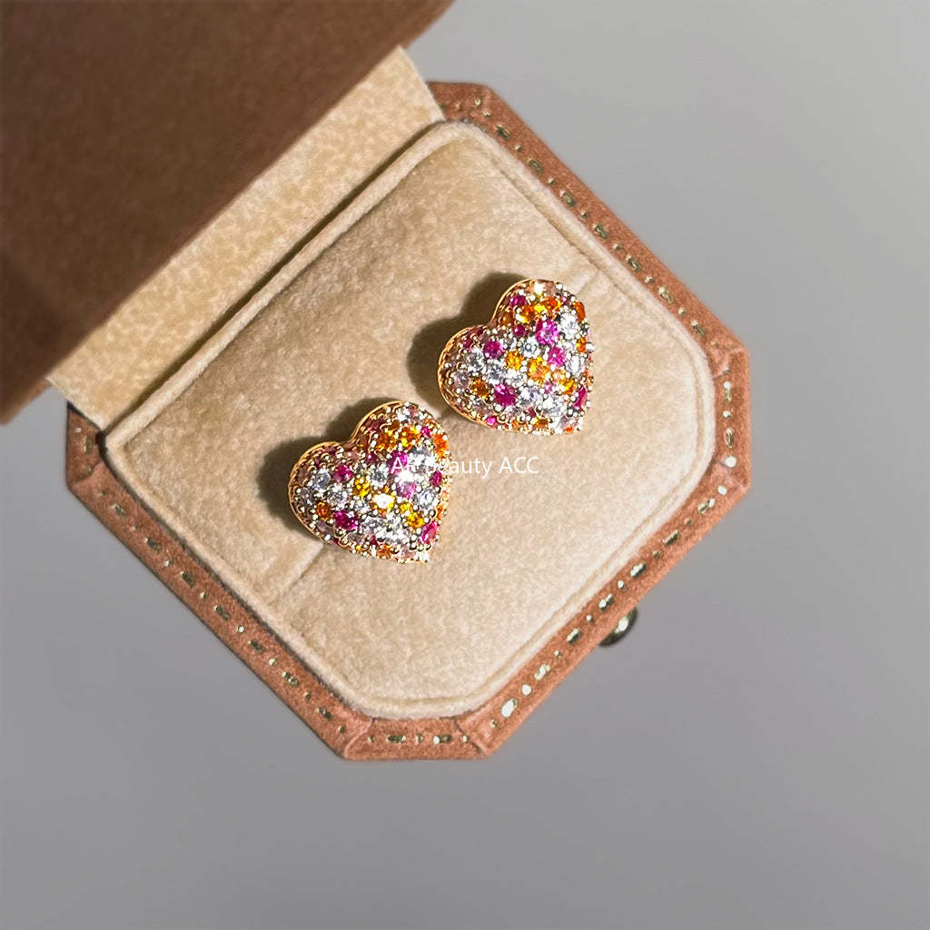 A廠-輕奢風時尚滿鋯石彩鑽愛心 925銀針耳環女時尚高級感通勤百搭耳飾「7180」25.12-1