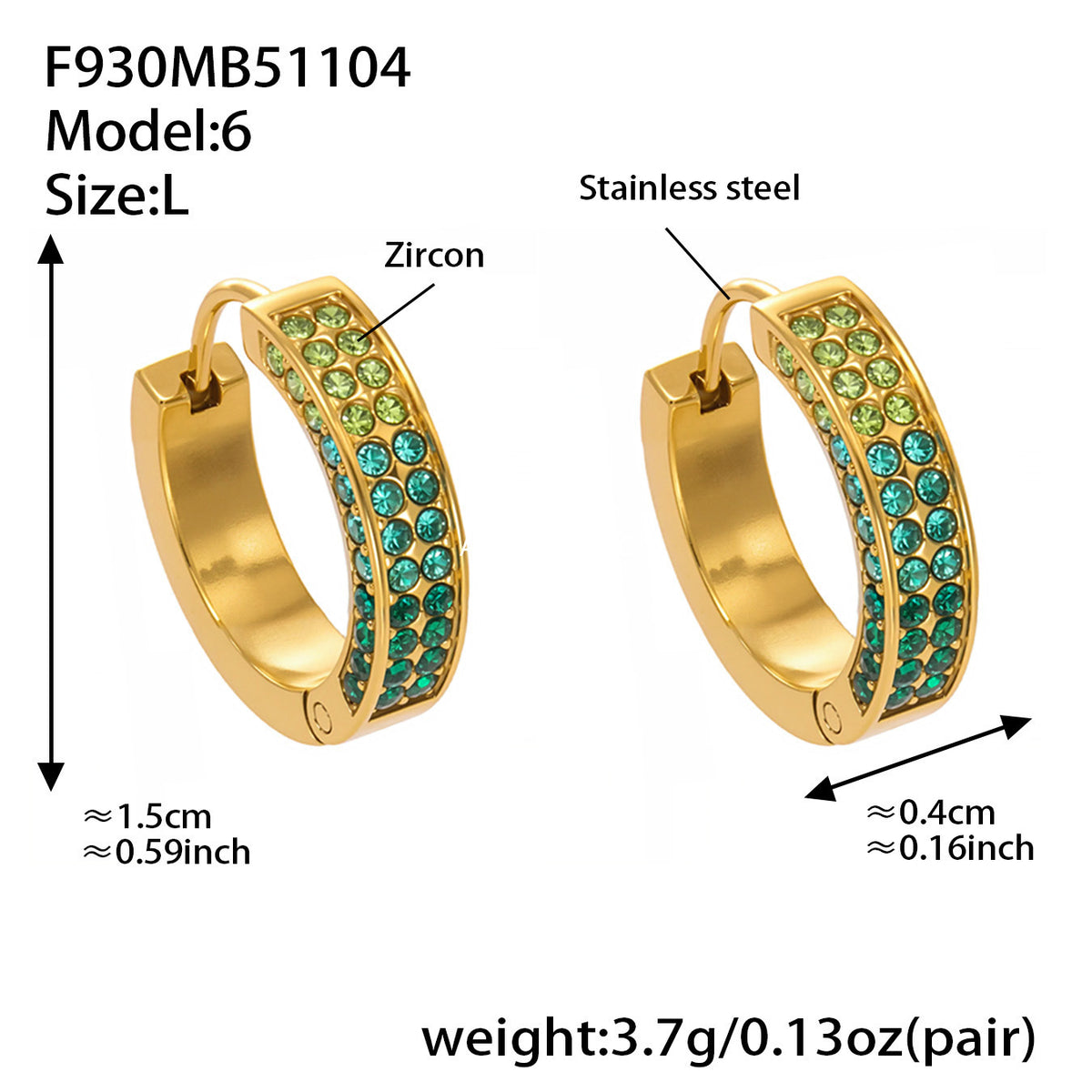 B廠-ins風高質量彩色5A鋯石圓圈卡扣耳環不鏽鋼鍍18k真金耳飾女「F930」25.11-2