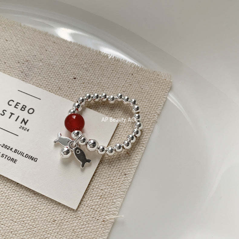 C廠-新中式古風大象小象小魚福袋蝴蝶結錢幣紅瑪瑙S925純銀彈力戒指「1520-1527」25.11-3