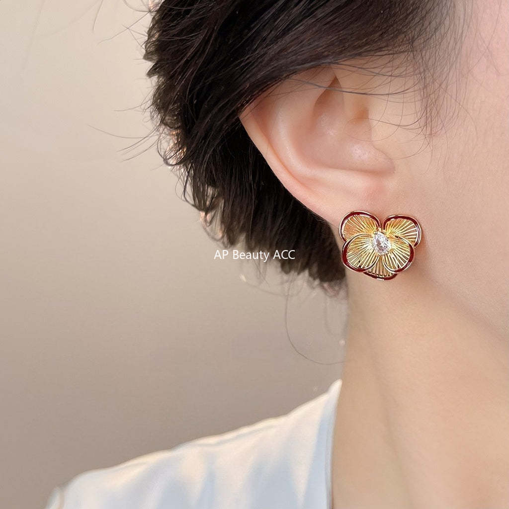 A廠-時尚高級感爆款酒紅色滴釉鑲嵌鋯石立體大花朵耳飾S925銀針耳環女「6982」25.10-5