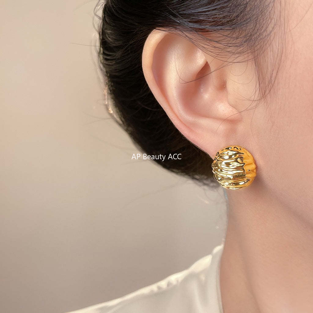 A廠-小眾設計感核桃紋路時尚高級感銀針圓形幾何重工感耳飾工廠耳環女「7141-7142」25.11-4