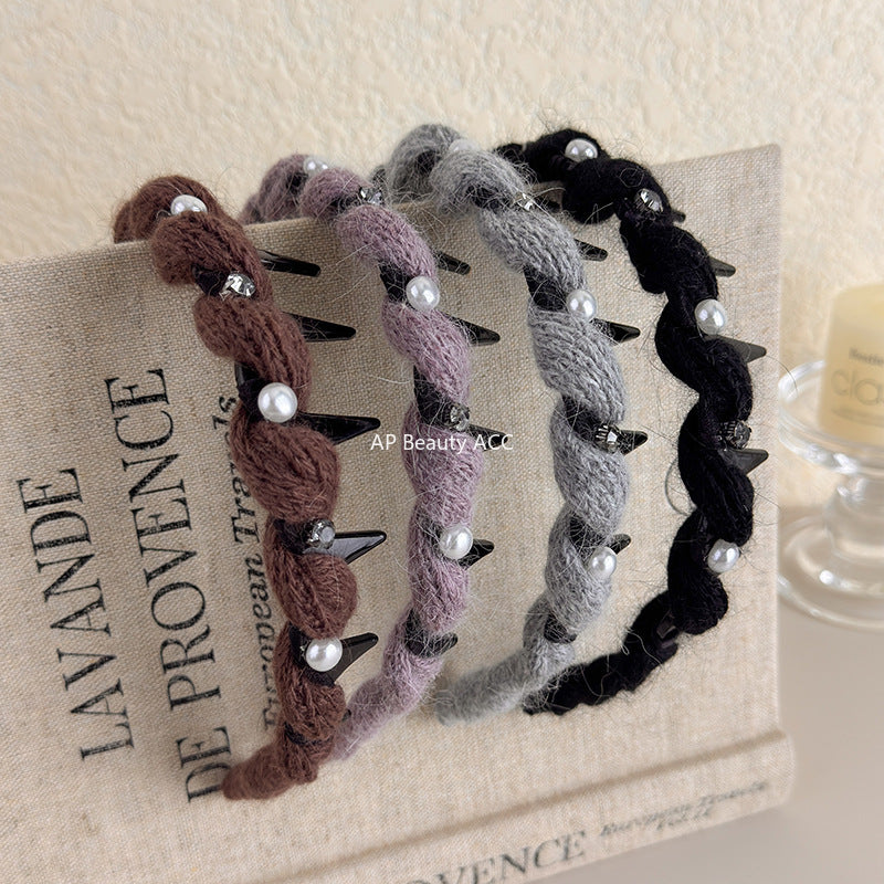 E廠-韓系閃鑽珍珠毛線波浪髮箍女高顱頂頭箍帶齒防滑外戴髮卡壓髮頭飾「27663」25.11-2