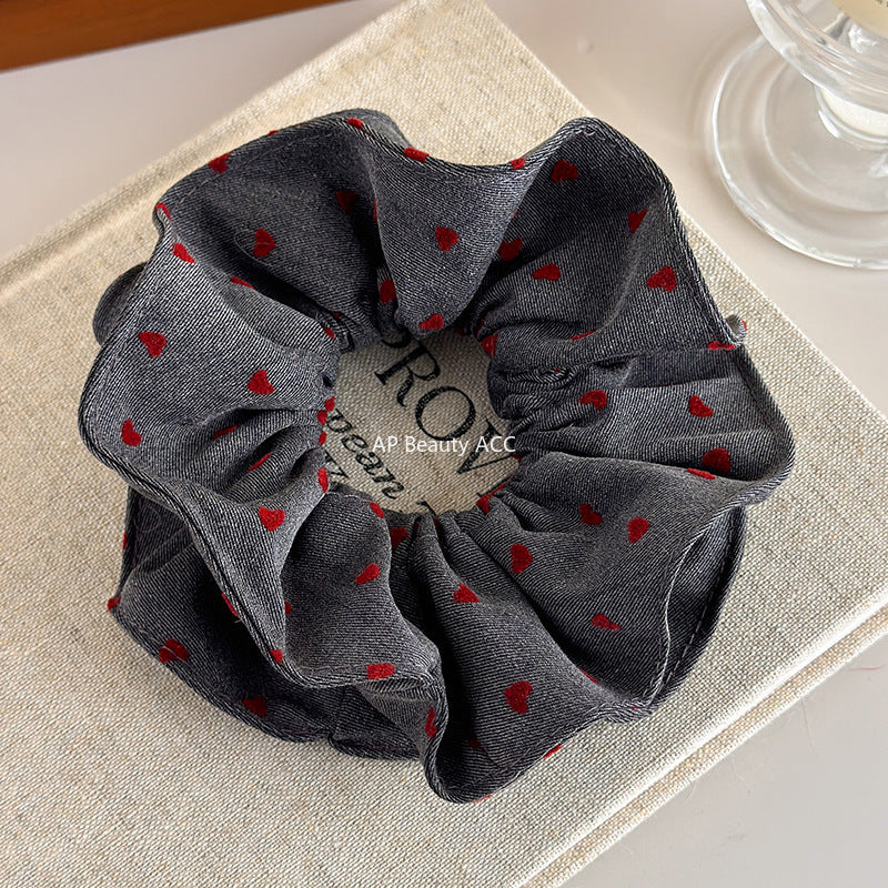 E廠-秋冬紅色波點愛心印花肥腸圈髮圈甜美時尚韓版灰色系溫柔復古髮繩「27665」25.11-2