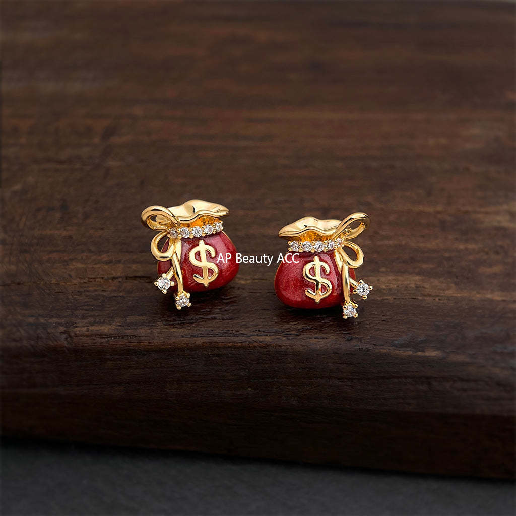 A廠-原創錢袋~微鑲鋯石925銀針琺瑯滴釉酒紅色時尚設計感耳飾耳環「7035」25.11-1