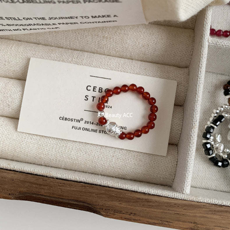 C廠-古風花朵葉子福袋小馬元寶蘋果紅瑪瑙彈力戒指S925純銀戒指女士「RB」25.11-4