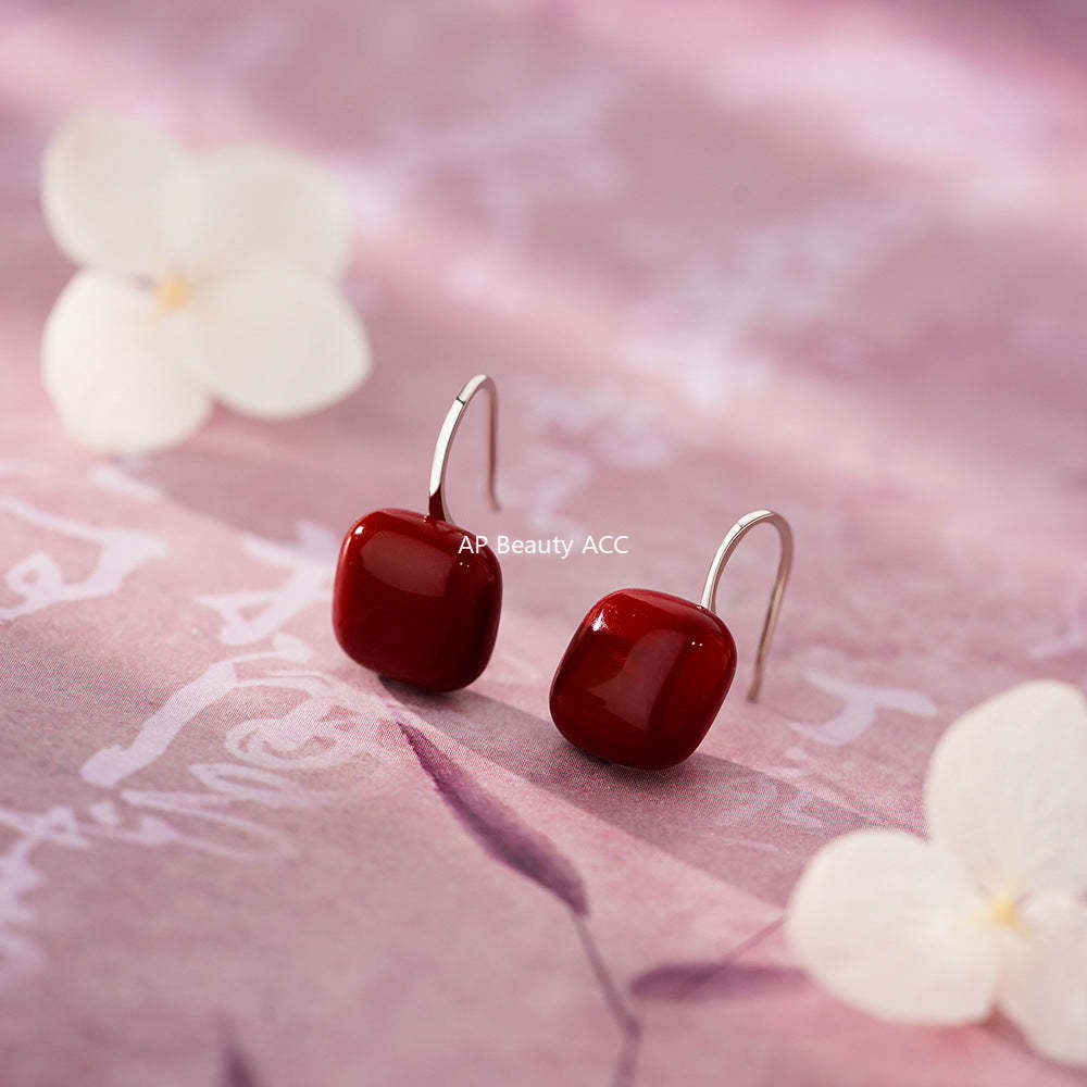 D廠-純銀S925復古幾何簡約紅色復古方塊耳環輕奢中式溫柔小眾耳飾「YC4242E_1」25.12-3