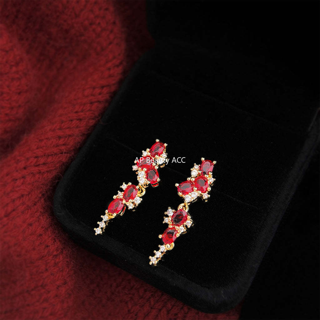 A廠-鑲嵌鋯石長款小流蘇酒紅色新款麥穗耳飾925銀針工廠直營耳環 飾品「7196」25.12-1