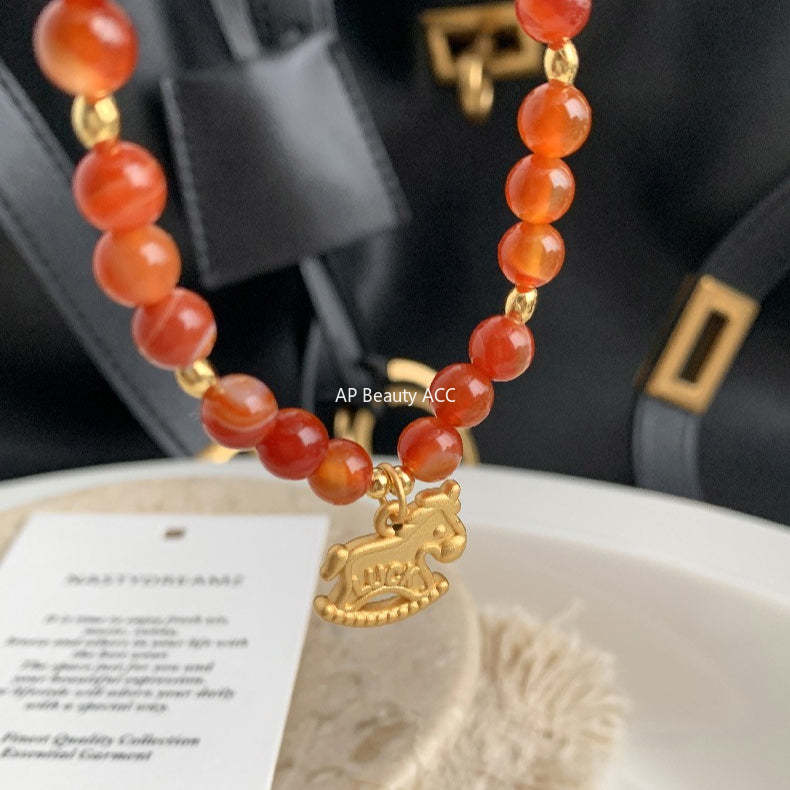 C廠-luck小木馬S925純銀小馬紅瑪瑙米珠手鍊S925純銀手鍊女士2026馬年「1652」25.12-3