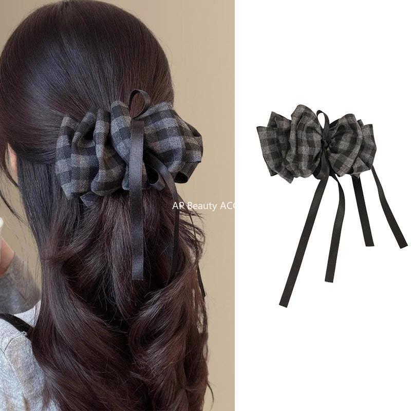 E廠-韓系格雷灰磨毛格紋褶皺花苞香蕉夾溫柔氣質高級飄帶蝴蝶結馬尾夾「27723」25.11-4