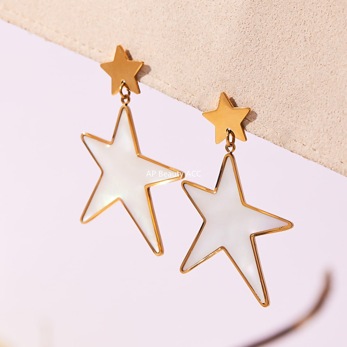 B廠-新款天然貝母滴油大五角星戒指耳環套裝不鏽鋼鍍18k金耳飾「TXF460」25.11-1