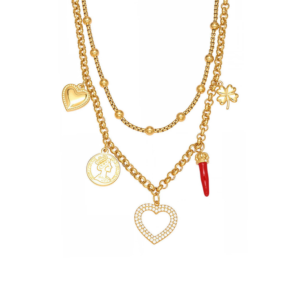 B廠-不鏽鋼雙層疊戴項鍊 ins愛心鋯石多吊墜歐美百搭輕奢鎖骨鏈「P170」25.11-3