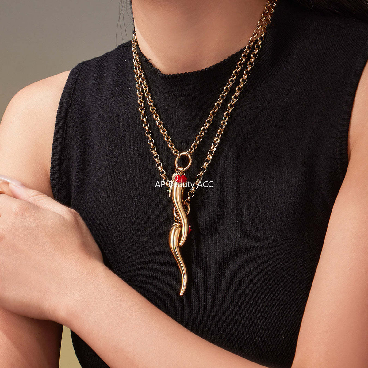 B廠-不鏽鋼大小辣椒鋯石項鍊 鍍18k金ins歐美百搭個性鎖骨鏈「P1094」25.11-3