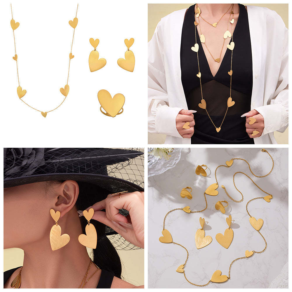 B廠-不鏽鋼大小愛心質感耳環戒指毛衣鏈跨境飾品套裝鍍18k真金「TXP462」25.10-5