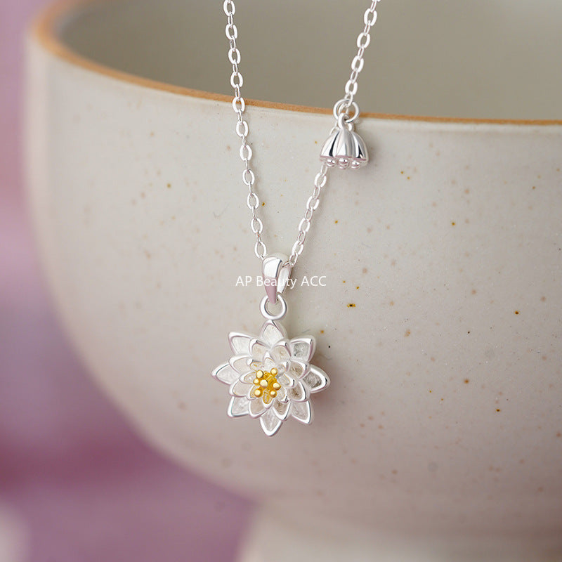 D廠-足銀S999蓮花項鍊中式復古小清新優雅溫柔百搭森系文藝鎖骨鏈批發「YC3184N」25.11-1