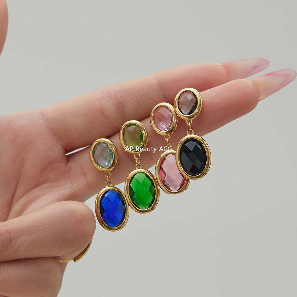 B廠-不鏽鋼幾何橢圓吊墜切面玻璃石耳環ins小眾設計百搭耳飾鍍18k真金「F957」25.12-1