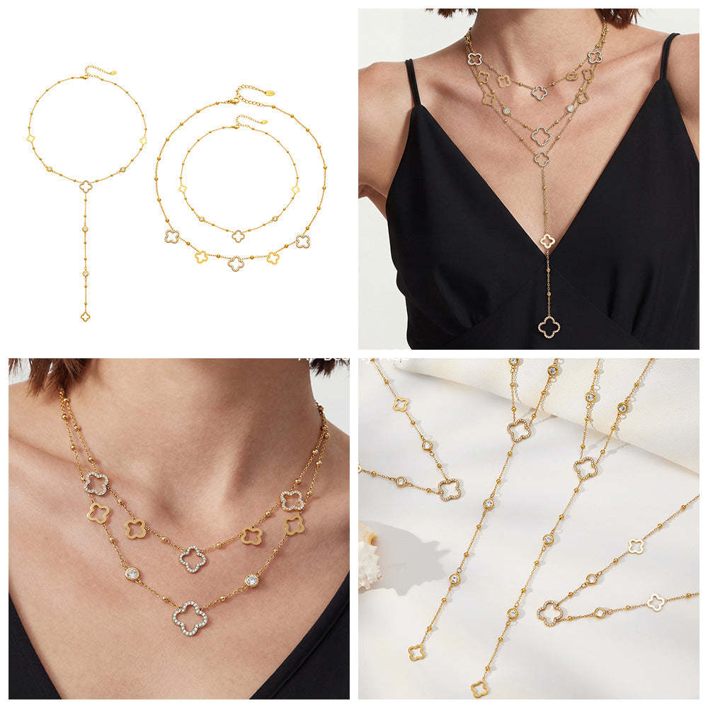 B廠-不鏽鋼5A鋯石Y字花朵流蘇項鍊鍍18k真金歐美時尚簡約輕奢珠寶首飾「P664」25.12-3