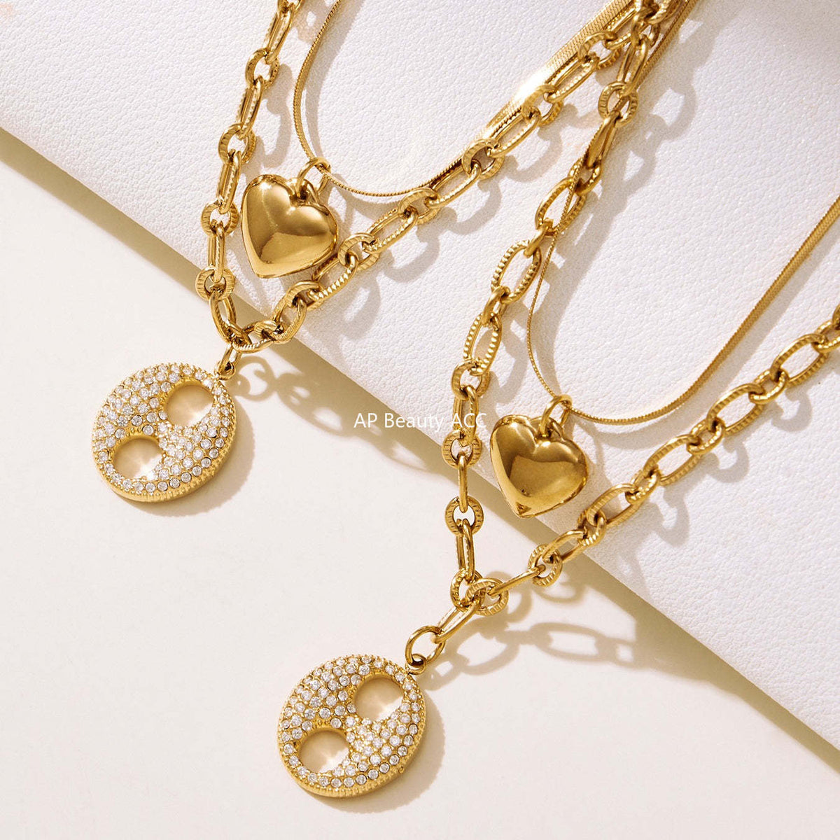 B廠-不鏽鋼雙層疊戴愛心豬鼻子鋯石項鍊 鍍18k金歐美百搭項飾「P100」25.11-3