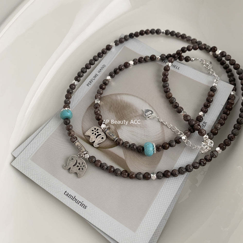 C廠-泰國清邁手工銀森系大象小象復古泰銀雪花石S925純銀項鍊銀手鍊「1528」25.11-3