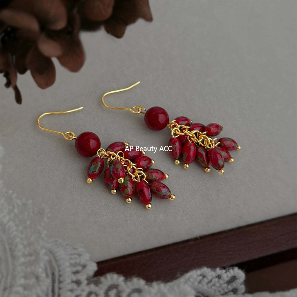 A廠-新中式火紅琉璃米珠長款流蘇手工耳環氣質國潮新款新年耳飾女「7261」25.12-3