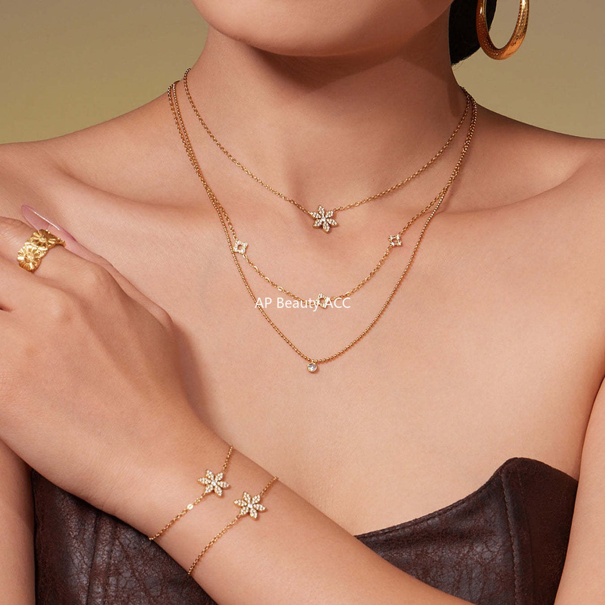 B廠-簡約時尚花朵滿鑽鋯石吊墜雙層疊戴項鍊不鏽鋼手鍊戒指套裝「TXP492」25.11-4