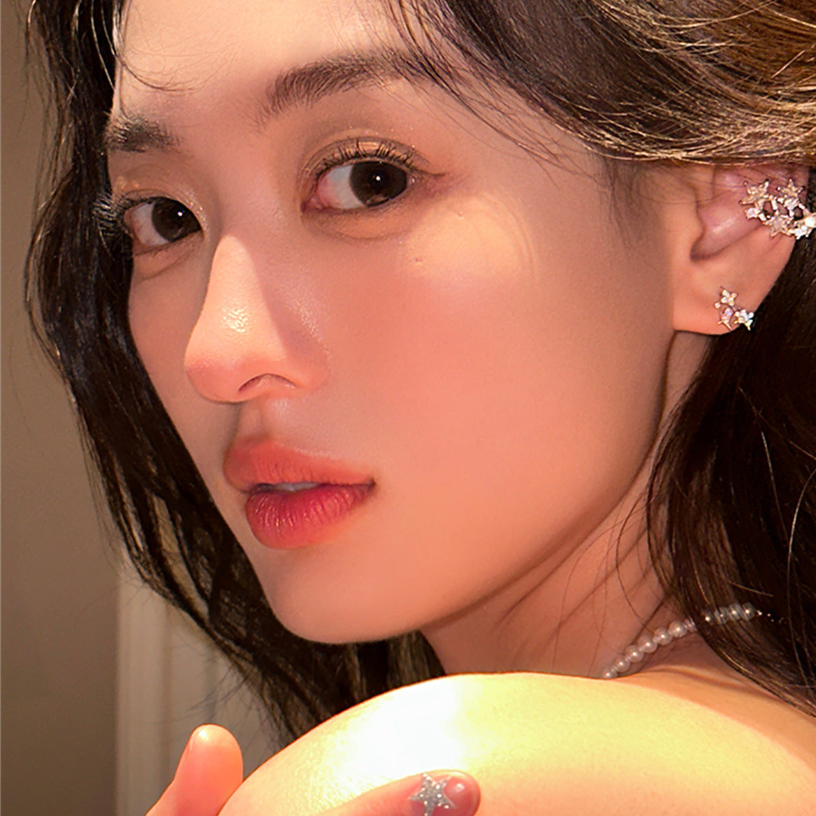 C廠-超閃鋯石大小五角星拼接無耳洞耳骨夾女小眾設計高級感冷淡風耳飾「EH-3843」25.08-3
