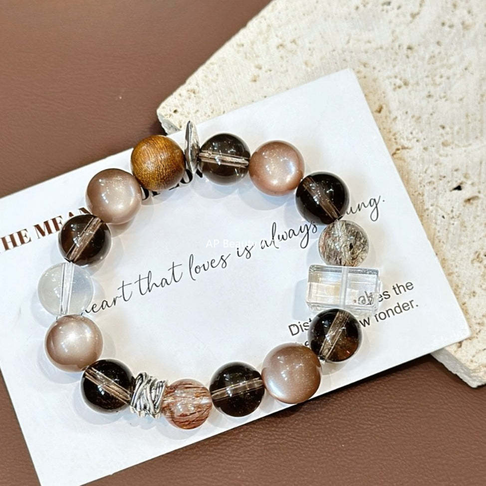 AS廠-天然奶茶月光白水晶手串茶晶黑金超轉運招財小眾設計美拉德手「l2969」25.10-5