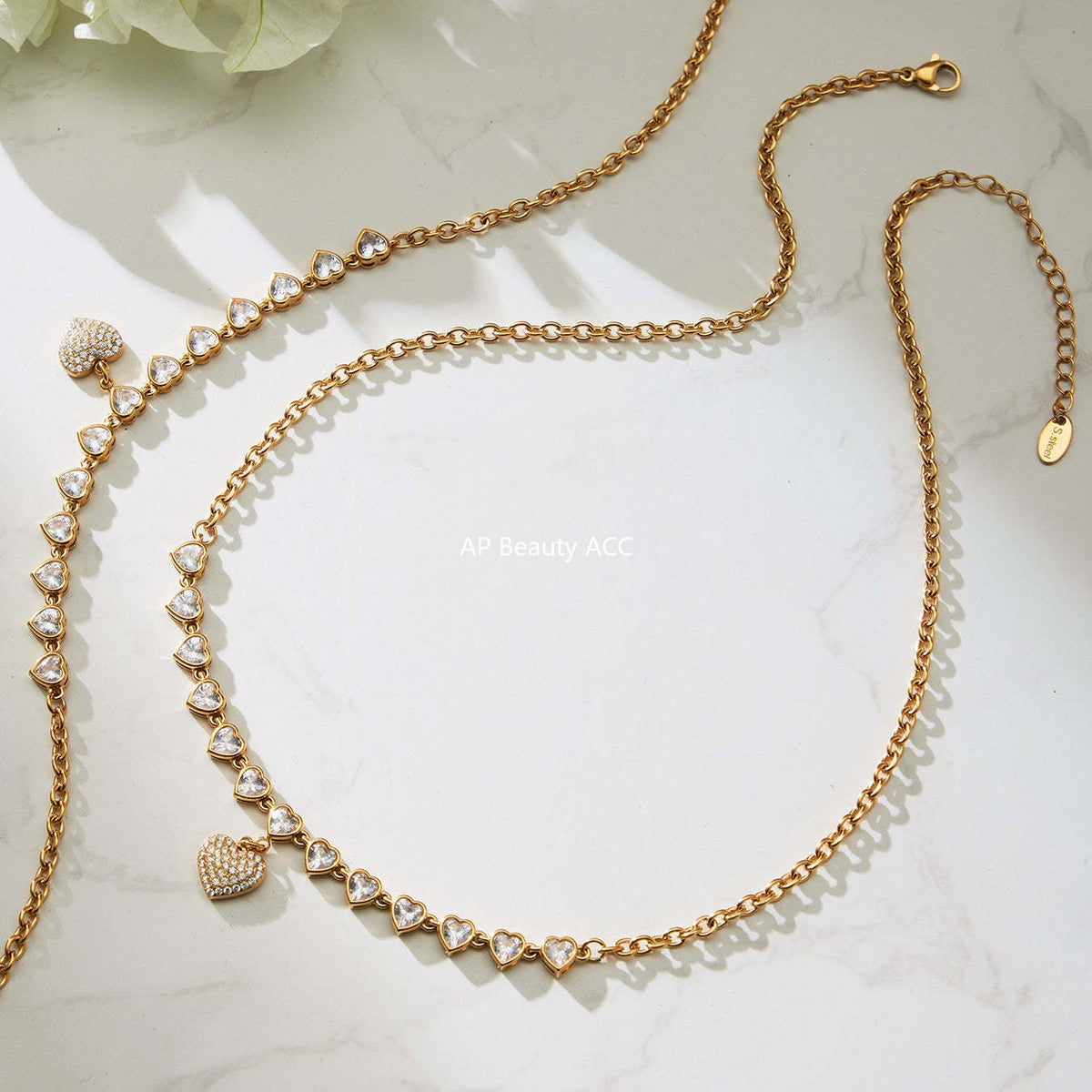 B廠-超閃5A鋯石滿鑽15個愛心鎖骨項鍊不鏽鋼鍍18k真金珠寶首飾「P970」25.11-4