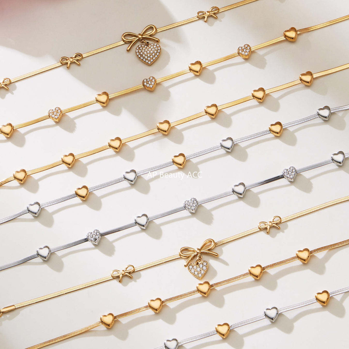 B廠-不鏽鋼蝴蝶結愛心鋯石滿鑽吊墜刀片鏈手鍊項鍊首飾套裝鍍18k真金「TXP499」25.11-4