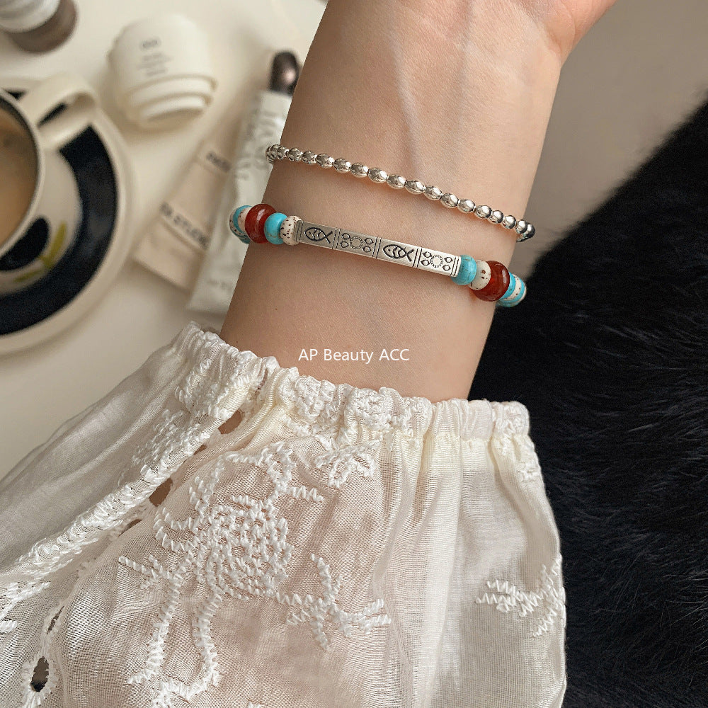 C廠-新中國國風古風錦鯉小魚兒朱砂紅瑪瑙菩提鋁鎂礦S925純銀手鍊「1541-1542」25.11-2