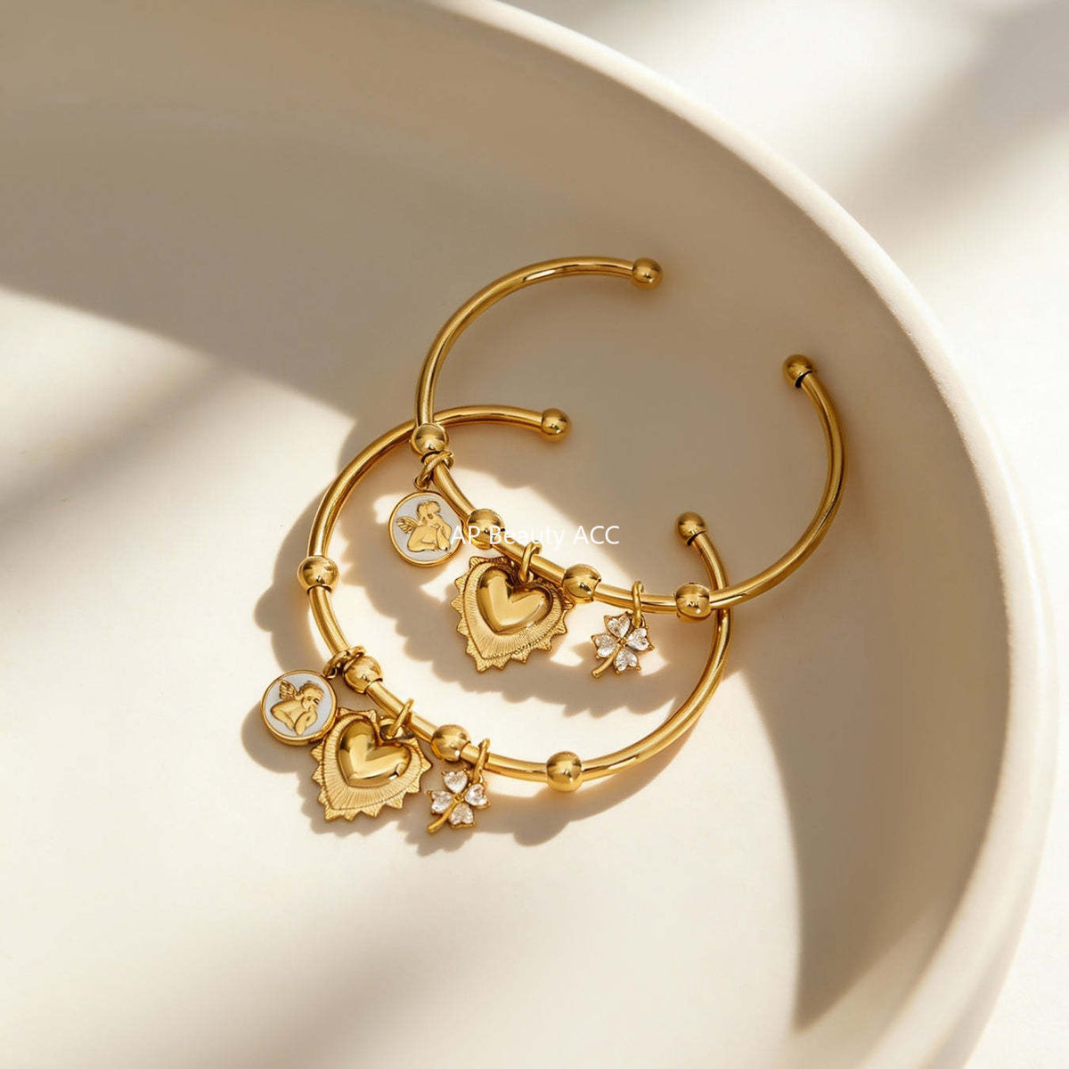 B廠-不鏽鋼鋯石花朵愛心吊墜手鐲C型斜角高拋光 光面百搭手環鍍18k金「Z516-Z517」25.12-2