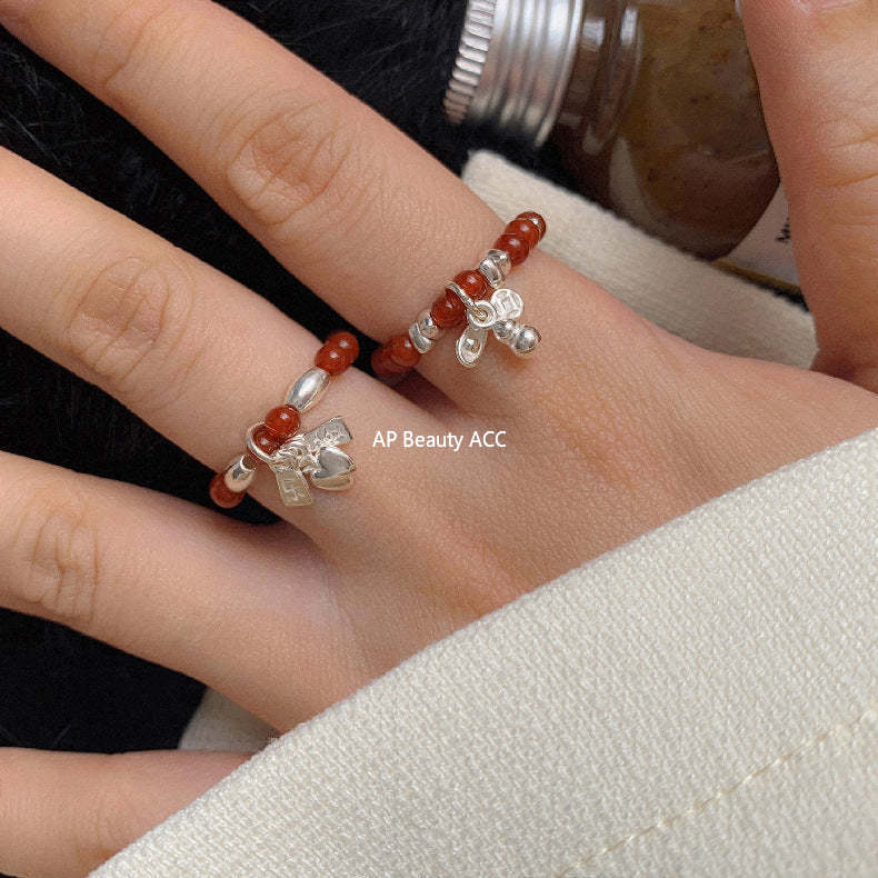 C廠-古風花朵葉子福袋小馬元寶蘋果紅瑪瑙彈力戒指S925純銀戒指女士「RB」25.11-4