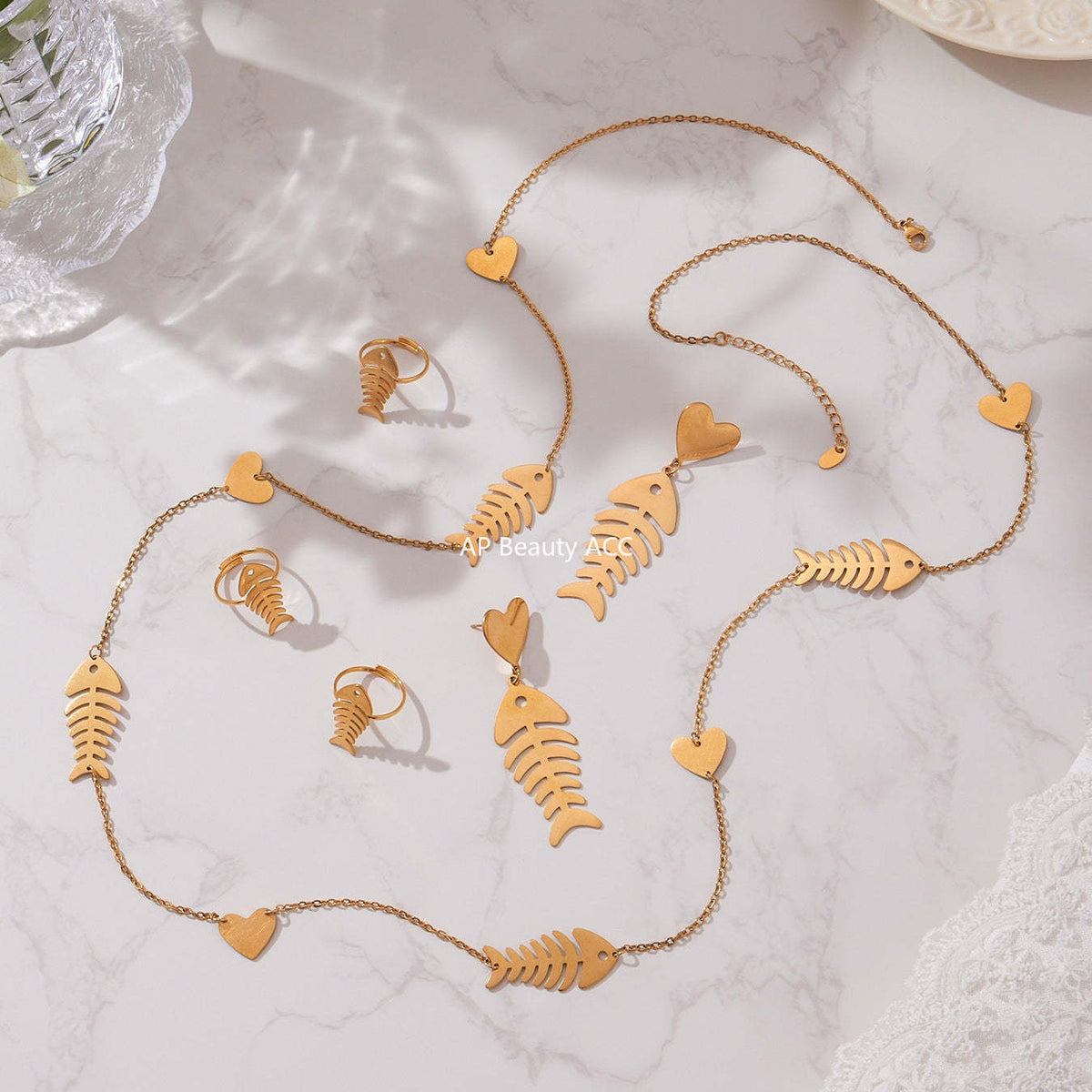 B廠-不鏽鋼18k鍍金魚骨愛心項鍊耳環戒指歐美氣質珠寶首飾套裝「TXP459」25.10-5