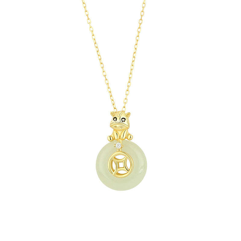 D廠-原創純銀S925小馬項鍊銅錢平安扣萌馬佑安本命年和田玉鎖骨鏈「YC3569N_1」25.12-2