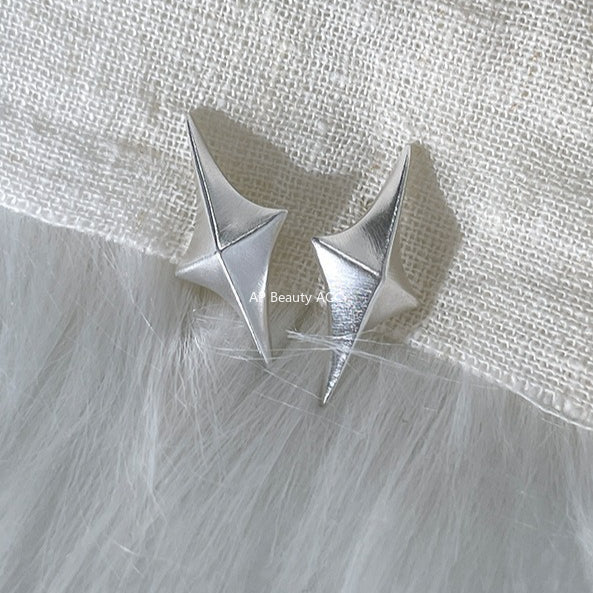 C廠-925銀針拉絲立體四芒星耳釘女輕奢高級氣質耳環日常百搭秋冬耳飾「EH-4119」25.11-2