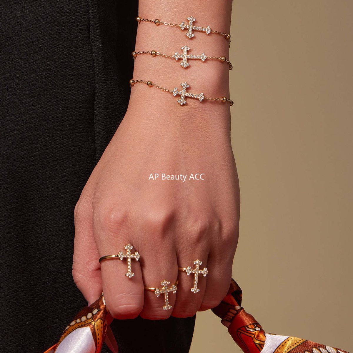 B廠-超閃5A鋯石十字架吊墜項鍊手鍊耳環戒指首飾套裝不鏽鋼材質「TXP487」25.11-4