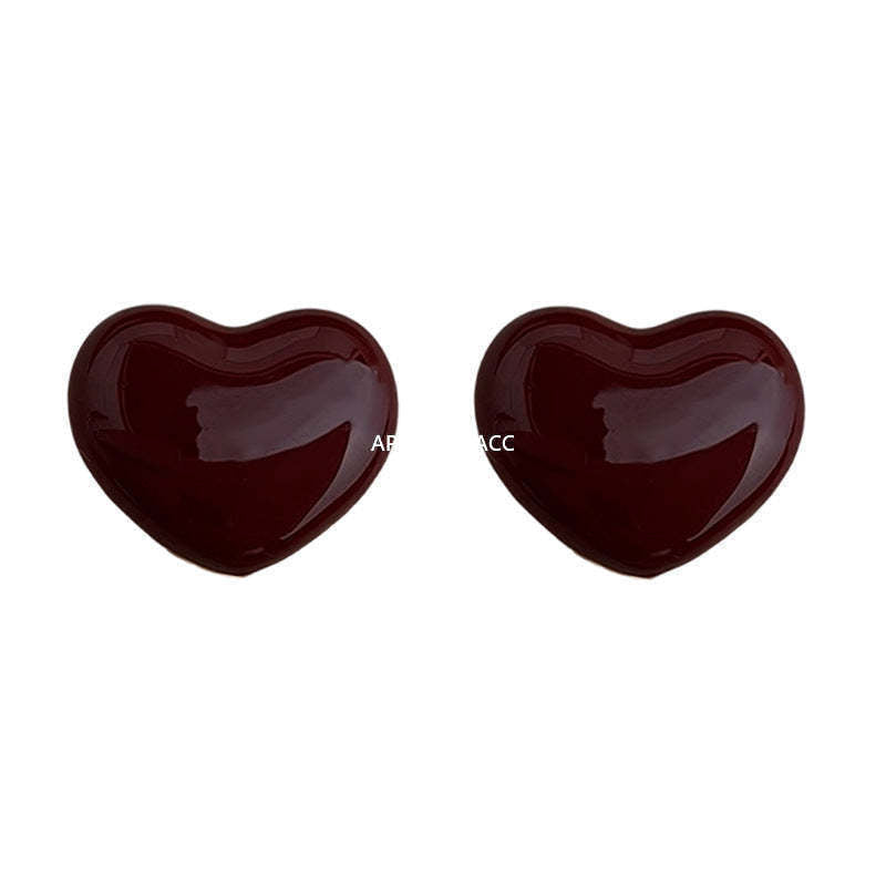 A廠-琺瑯滴釉酒紅色愛心耳環文藝復古港風心形通勤耳飾「7254」25.12-3