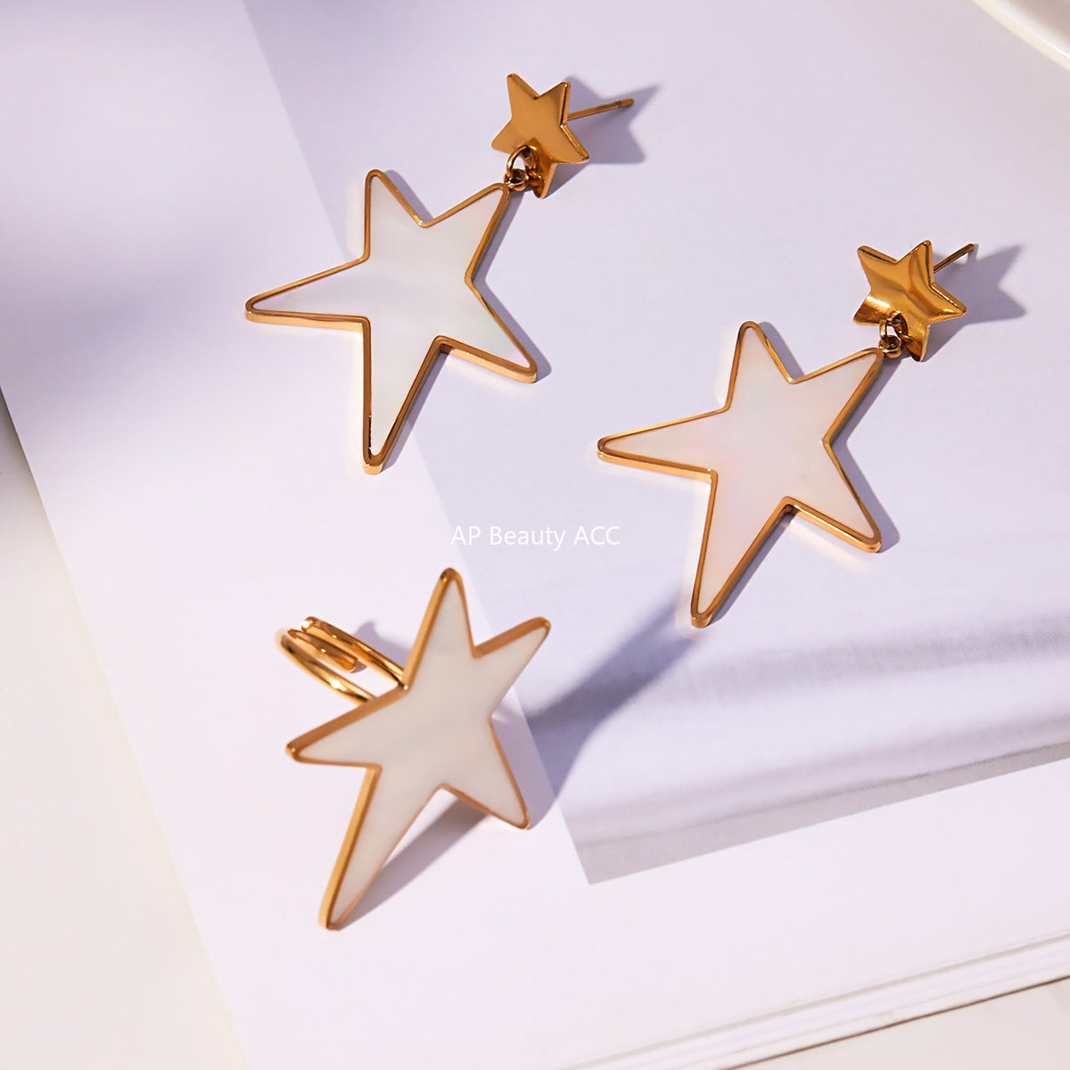 B廠-新款天然貝母滴油大五角星戒指耳環套裝不鏽鋼鍍18k金耳飾「TXF460」25.11-1