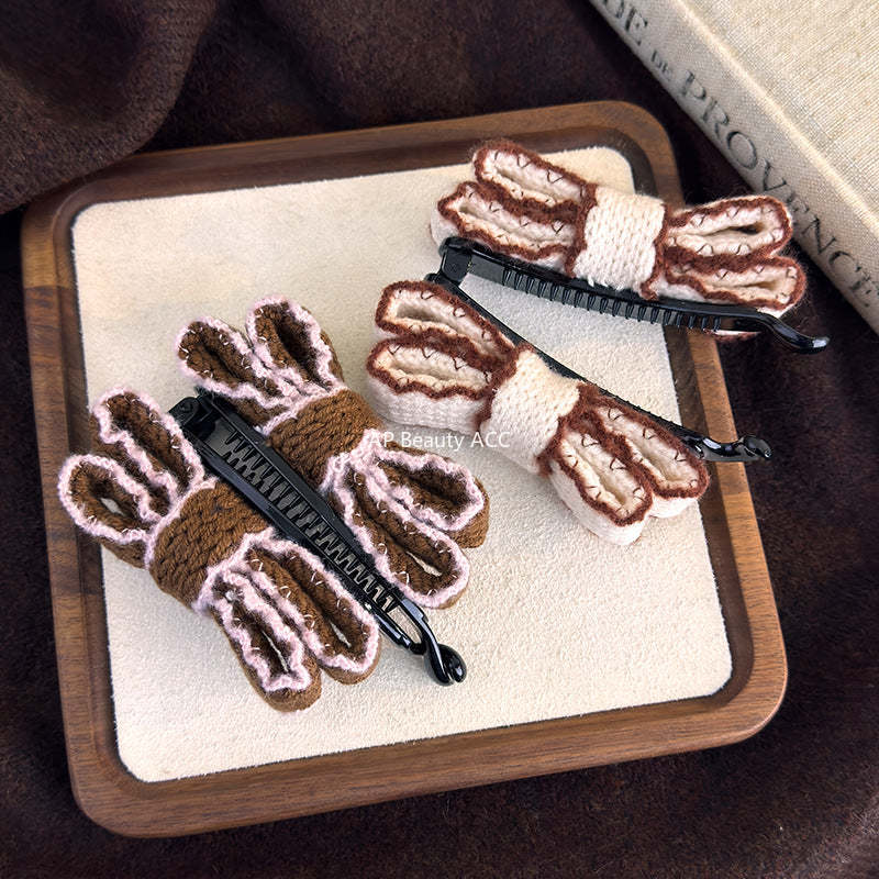 E廠-韓國復古針織毛線雙層蝴蝶結髮夾香蕉夾2025新款秋冬款盤髮馬尾夾「27758」25.12-1
