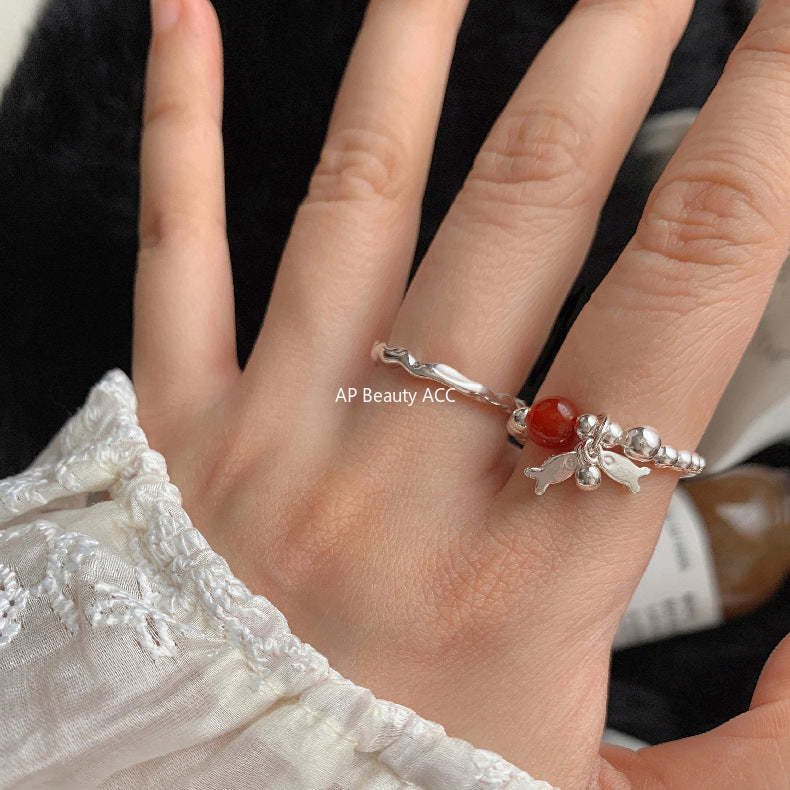 C廠-新中式古風大象小象小魚福袋蝴蝶結錢幣紅瑪瑙S925純銀彈力戒指「1520-1527」25.11-3