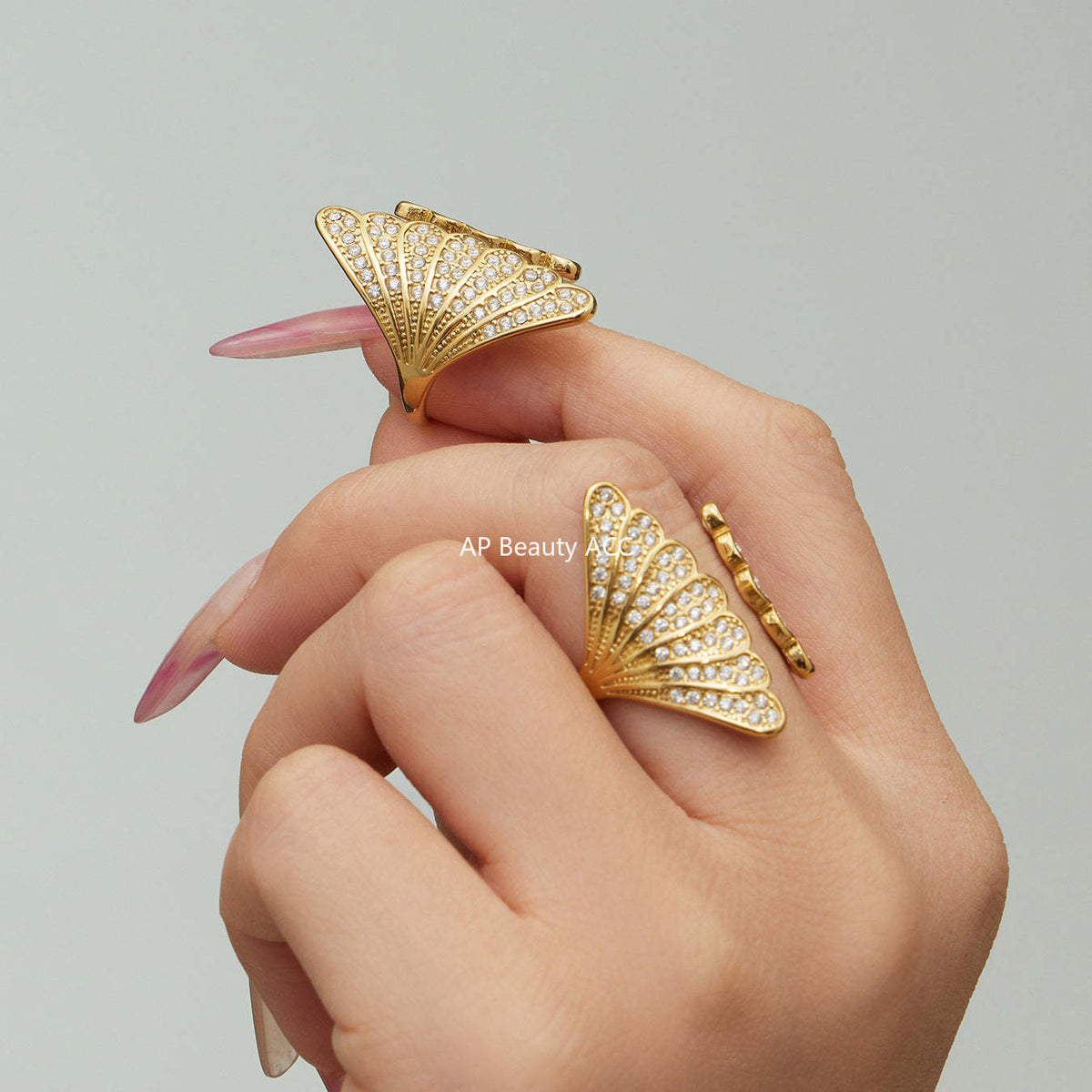 B廠-不鏽鋼百葉扇5A鋯石開口戒指鍍18k真金ins小眾設計指環輕奢手飾品「A386」25.12-3