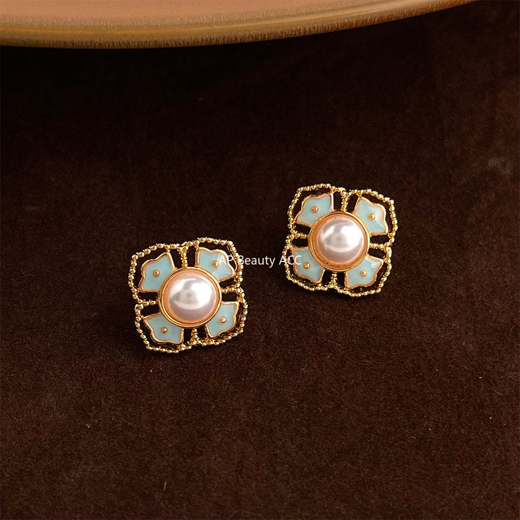 A廠-原創新中式紋樣 925銀針琺瑯滴釉復古花紋宮廷耳釘「7151」25.12-1