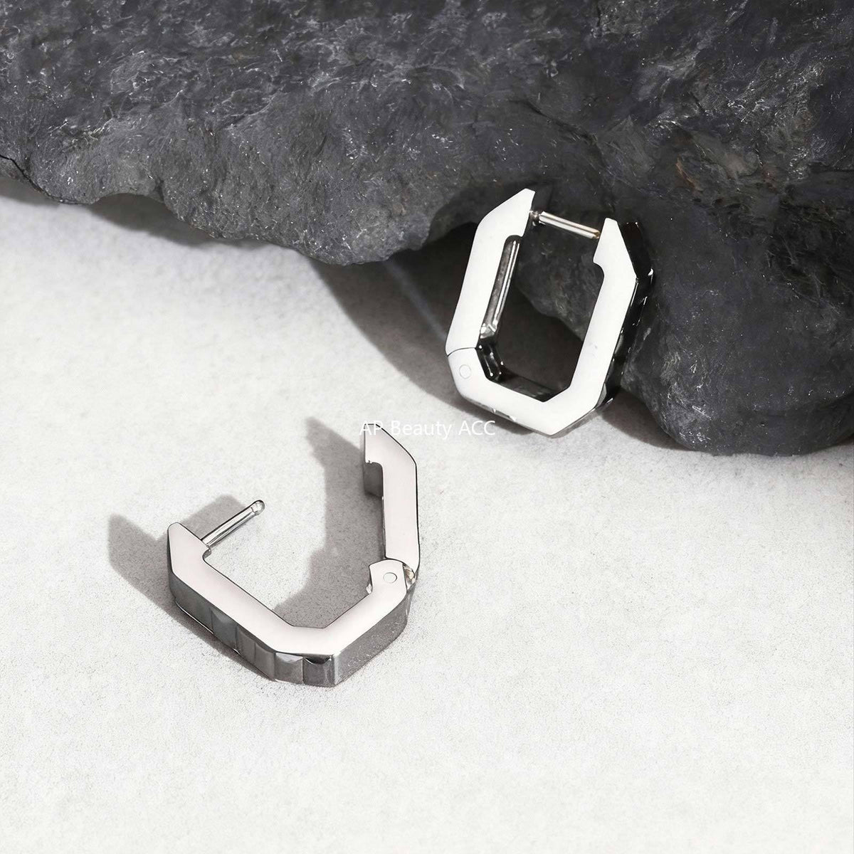 G廠-不鏽鋼黑色水鑽八邊形潮流玩家INS 風男友風耳圈鋼色「EH-802」25.12-1