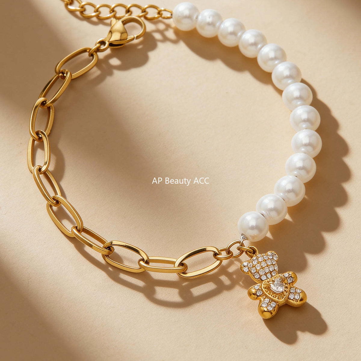 B廠-不鏽鋼愛心小熊鑲鋯石吊墜手工貝珠手鍊手指鏈組合手上鍍18k真金「E153-E162」25.12-3