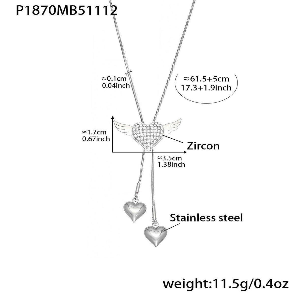 B廠-5A鋯石愛心翅膀抽拉項鍊個性ins冷淡風不鏽鋼流蘇項鍊批發「P1870」25.11-3