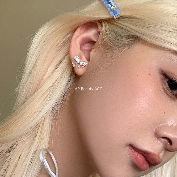 C廠-韓系小香風蝴蝶結星星耳釘女輕奢高級感銀針鋯石耳環精緻秋冬耳飾「EH-4329」25.12-1