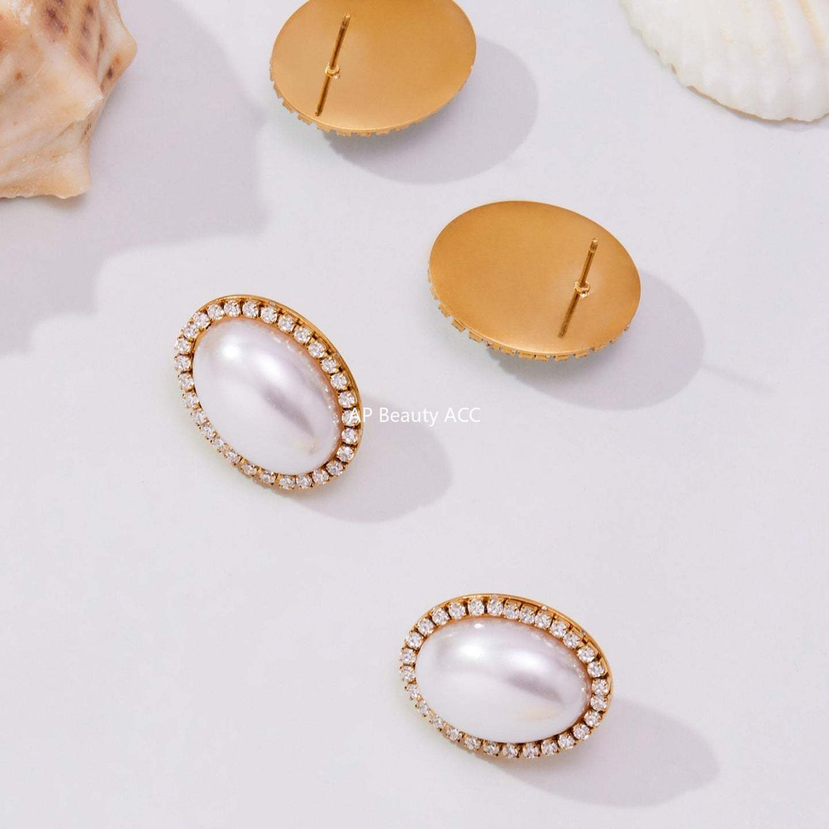 B廠-小眾設計感橢圓形貝珠鋯石耳環不鏽鋼鍍18k金跨境珠寶首飾「F793-F983」25.10-5