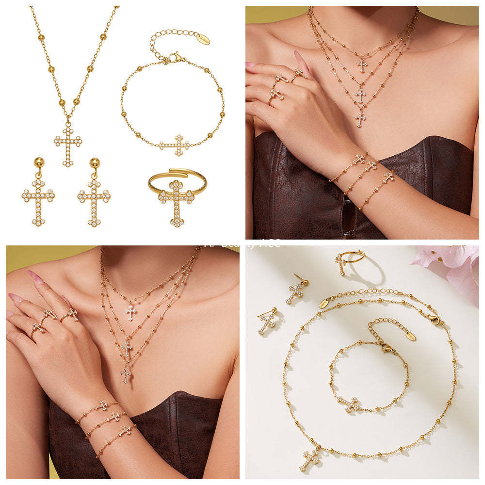 B廠-超閃5A鋯石十字架吊墜項鍊手鍊耳環戒指首飾套裝不鏽鋼材質「TXP487」25.11-4