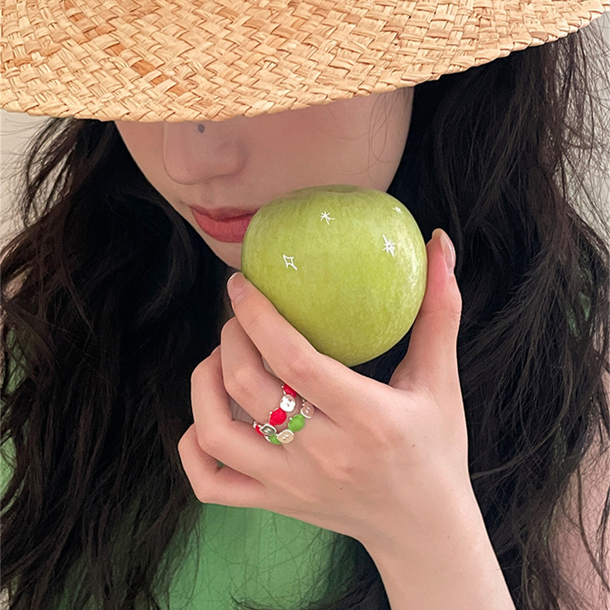 C廠-甜美可愛俏皮少女紅綠蘋果銅戒指女小眾個性設計感可調節滴釉戒指「JZ-0662」25.05-5