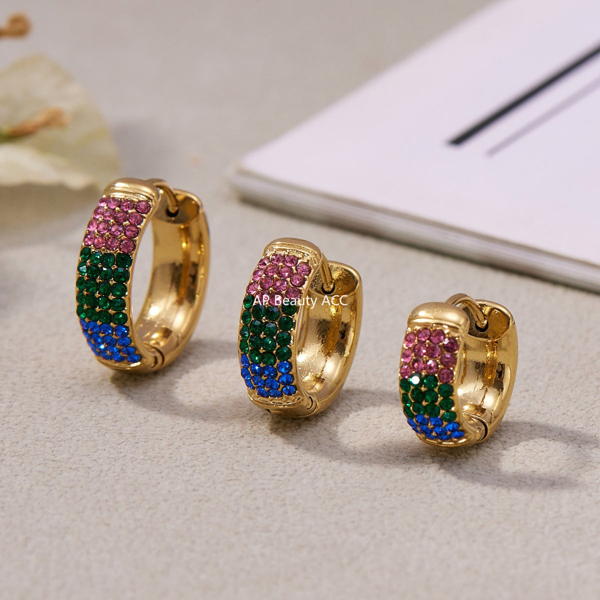 B廠-彩色鋯石拼色圓圈耳環大中小尺寸耳扣不鏽鋼鍍18k真金飾品「F931」25.11-2